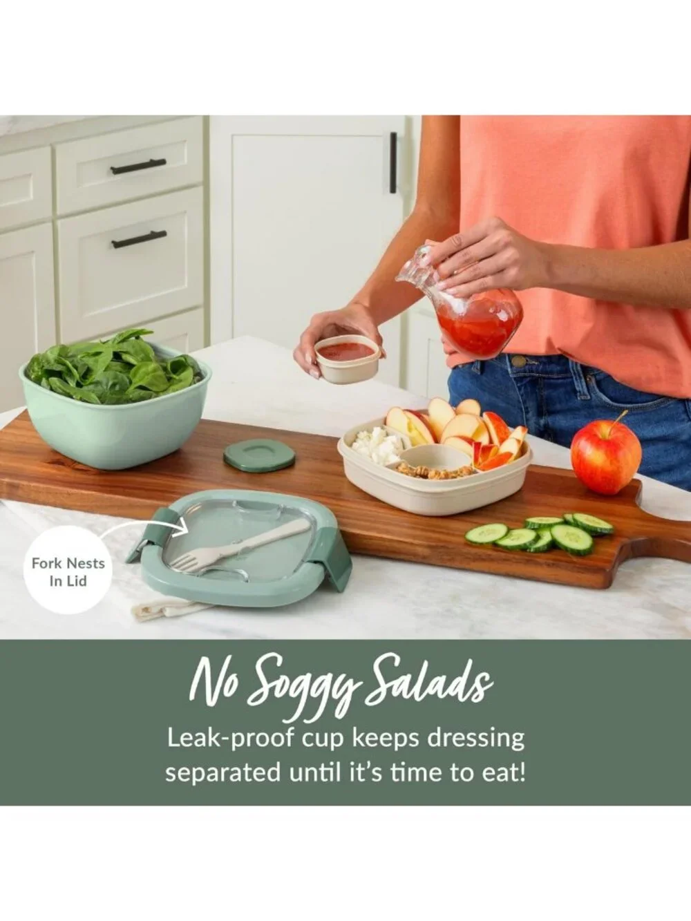 54 oz Salad Bowl with 4-Compartment Tray, Leak-Proof Dressing Container & Fork